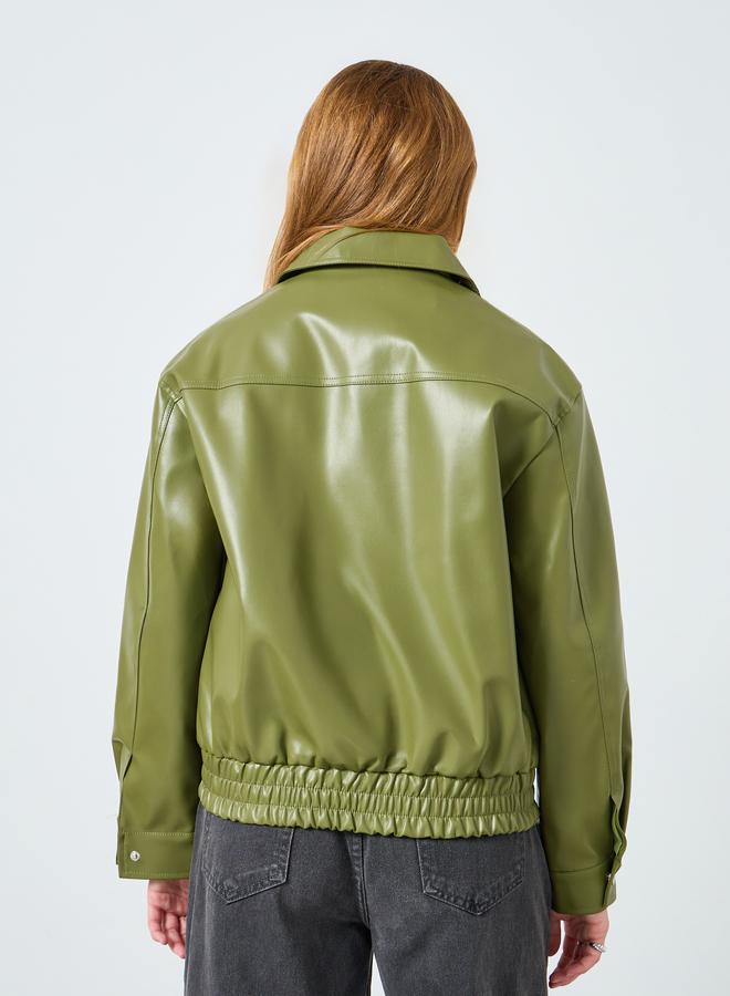 Take Two Women Olive Green Zip Up Faux Leather Jacket - Image 5